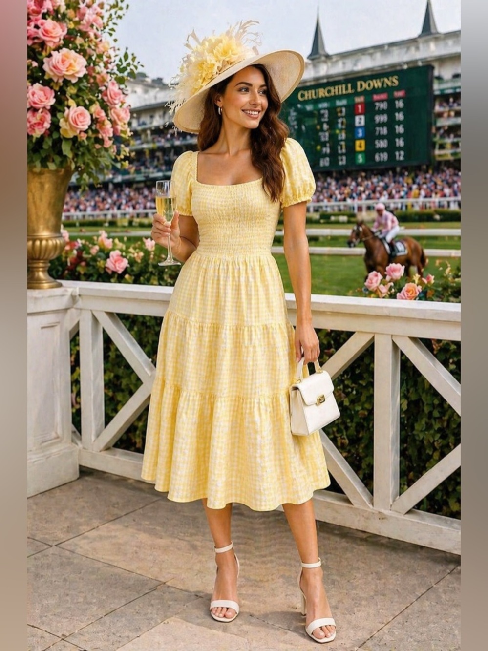 NWT Kentucky Derby Yellow Gingham Midi Dress Smocked Puff Sleeve Cottagecore